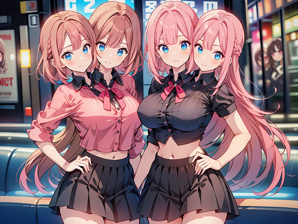 highest quality,wonderful,finely,extremely detailed CG Unity 8K wallpaper, (Stand in line:1.2), (3 girls, cute eyes, (magical pink girl outfit,frill mini skirt:1.1), , clothed), (sparkling eyes:1.2), (huge breasts:1.2), (cleavage), (crop top navel), (open mouth:1.1), (long tongue:1.1), (mouth drool:1.1), (black stockings:1.1),(Thighs:1.2),(Waistline:1.1), (From above)