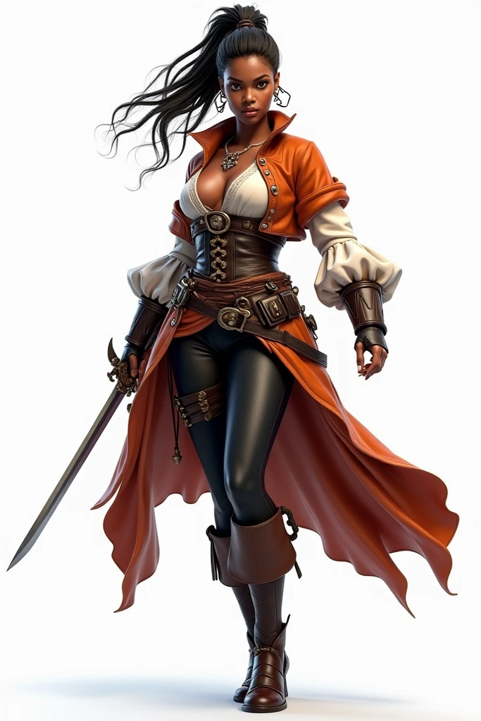 A 23 year old black female pirate captain, clearly jumping with both feet to the right (right hand carrying a pirate sword), sexy and elegant clothes (wearing pirate accessories and a reddish orange shawl on the right shoulder to the left waist ), facing the front of the camera. White background, realistic 3D.