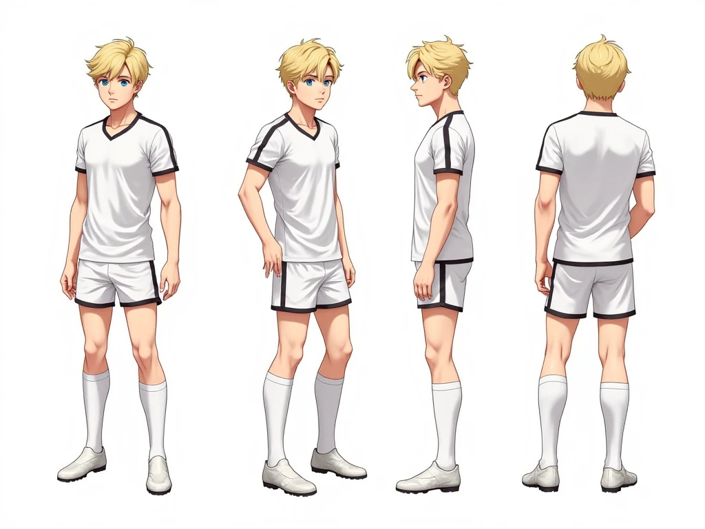  Create a highly detailed anime-style character sheet of a male soccer player 20 years old .  The character is a young, athletic man with short, slightly messy blond hair and bright blue eyes.  His build is slim and muscular , , demonstrating his athletic ability .  He wears a modern soccer uniform with a ,  shorts, stockings and ankle boots ,  all in a clean and elegant design . It includes a front view ,  type a side view and a rear view of the character .  The background must be smooth white to focus on the character . the design must be of the character turnaround 