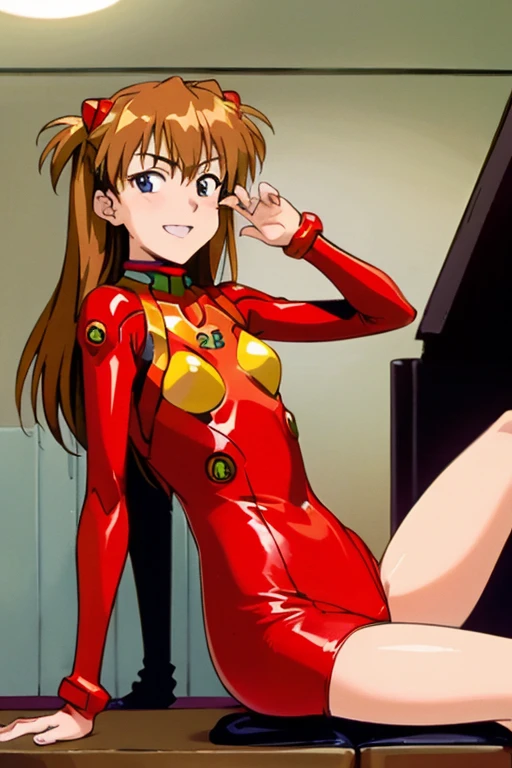 (( top quality)), ((masterpiece)), (be familiar with), perfect face, indoor, bedroom,  Watching Viewers ,
One woman,  Soryu Asuka Langley ,
開いた口,  ecstatic expression beside the piano, blush, smile,
 small tits,  flat chest, Young girl, Lori,  s,  girl,
 long hair,  two side up,
Leg spread,