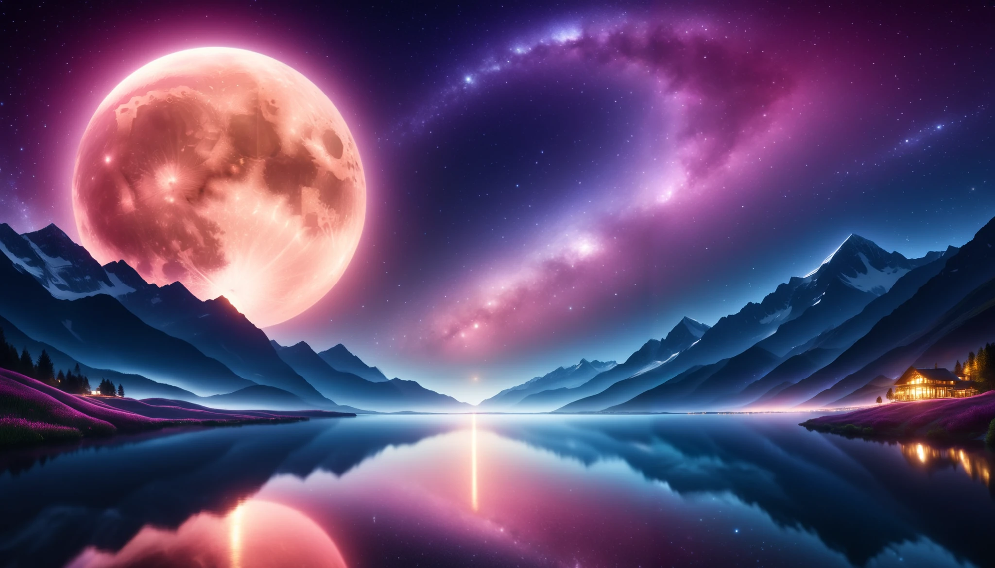  huge moon shining pink),giant pink moon , super high image quality, high definition , High Quality ,Detailed Scenery ,Night Sky,（Milky Way Galaxy）,The Alps,The giant moon and stars moving to the lake々, beautiful Artistic illustration , Ultramarine, green,  Purple , black, Majestic Atmosphere,An epic and mysterious moon,