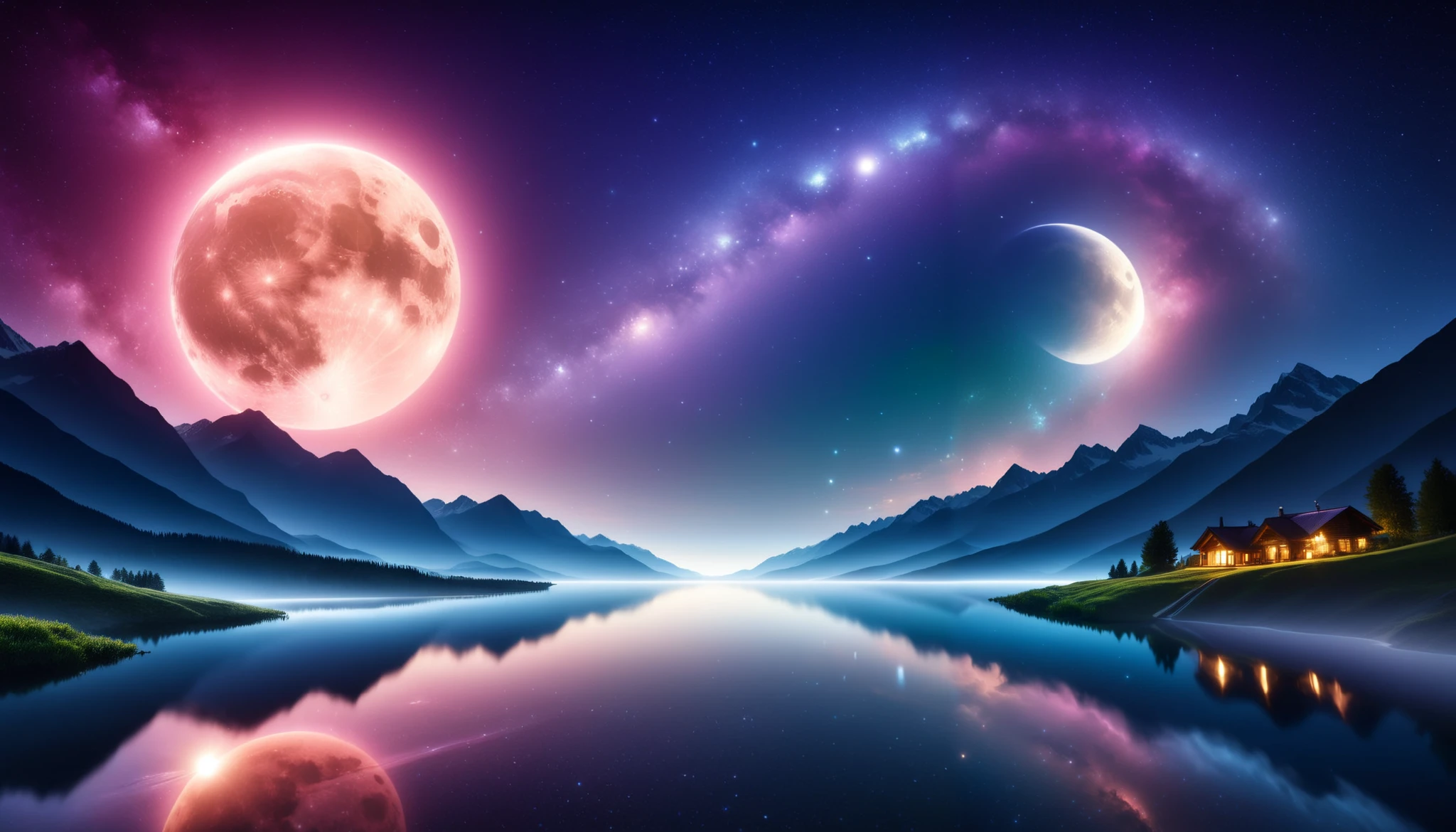  huge moon shining pink),giant pink moon , super high image quality, high definition , High Quality ,Detailed Scenery ,Night Sky,（Milky Way Galaxy）,The Alps,The giant moon and stars moving to the lake々, beautiful Artistic illustration , Ultramarine, green,  Purple , black, Majestic Atmosphere,An epic and mysterious moon,