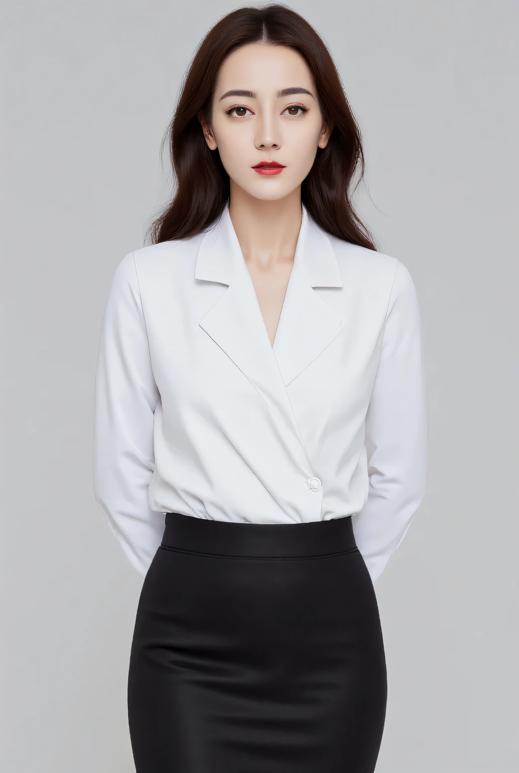 A woman in a white shirt and black skirt posing for a picture - SeaArt AI