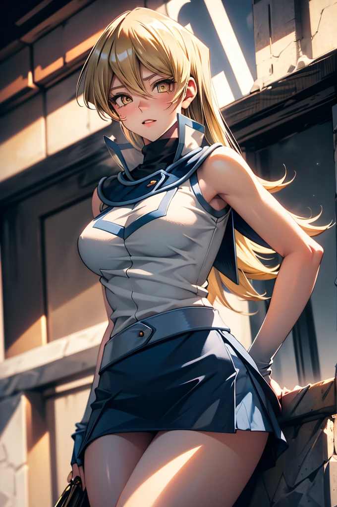 1 Female,High definition,high resolution,Ultra-realistic,8K, ta1,blonde hair,yellow eyes, white jacket, sleeveless, blue skirt,tight skirt , miniskirt,fingerless gloves,European,sexy,Upper body close-up,Photographed from the front,Dynamic Angles,blush, medium , happy, wink the eye,facial, sweat,multicolored hair ,(wide thighs:1.4),(black panties),(show panties)
