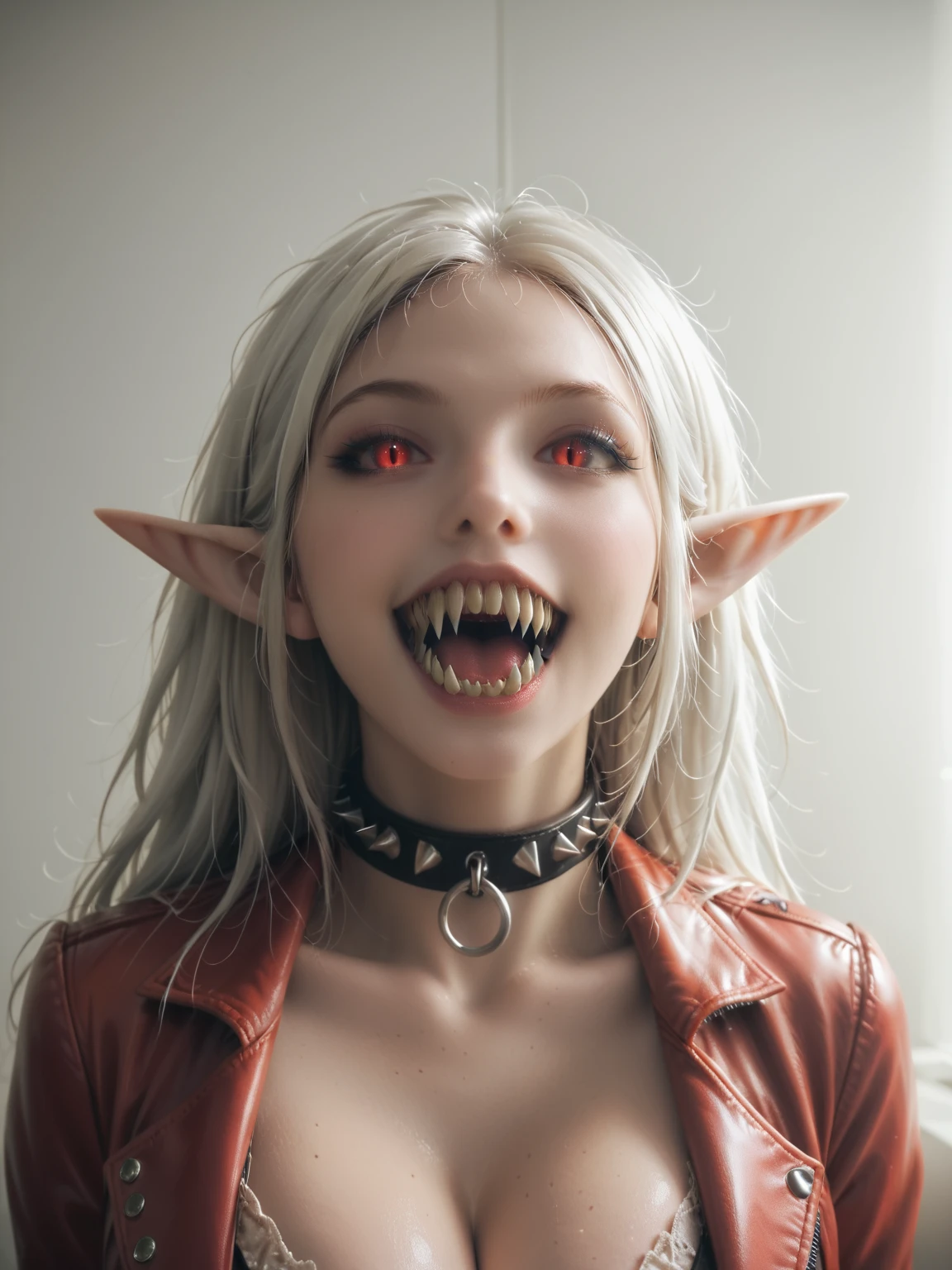 A photo of a woman with massive cleavage, (glowing red cat eyes:1.3), (long pointed ears:1.2), (large wide mouth:1.3), (shark teeth:1.5), (fangs:1.2), (neck collar:1.2), (dark tan skin:1.1), (white hair:1.1), wearing a black and red leather dominatrix outfit, sinister smile, detailed face, detailed eyes, detailed lips, detailed chest, highest quality, masterpiece, hyper-realistic, extremely detailed, intricate details, ultra high resolution, 8k, focus on face