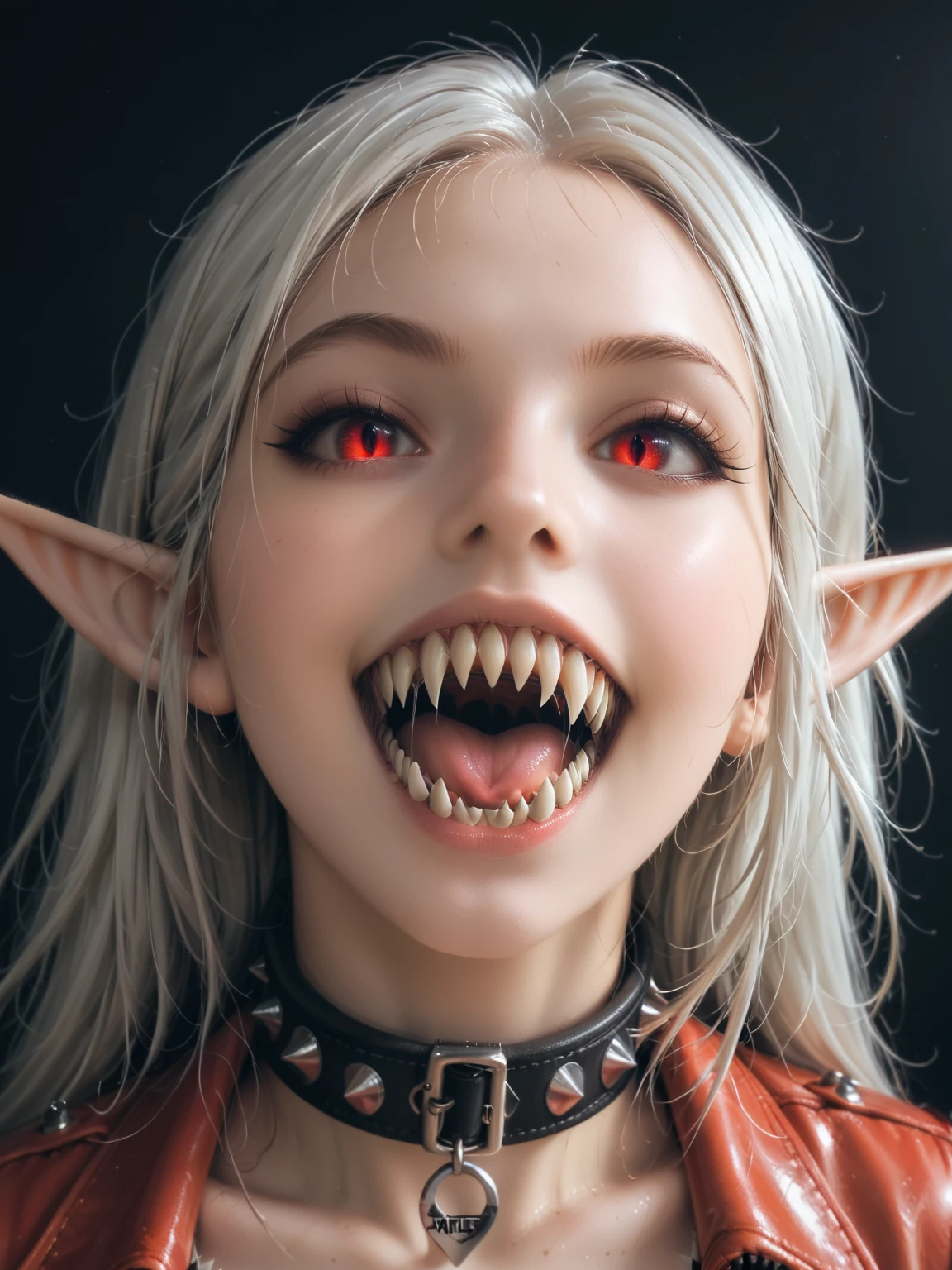 A photo of a woman with massive cleavage, (glowing red cat eyes:1.3), (long pointed ears:1.2), (large wide mouth:1.3), (shark teeth:1.5), (fangs:1.2), (neck collar:1.2), (dark tan skin:1.1), (white hair:1.1), wearing a black and red leather dominatrix outfit, sinister smile, detailed face, detailed eyes, detailed lips, detailed chest, highest quality, masterpiece, hyper-realistic, extremely detailed, intricate details, ultra high resolution, 8k, focus on face