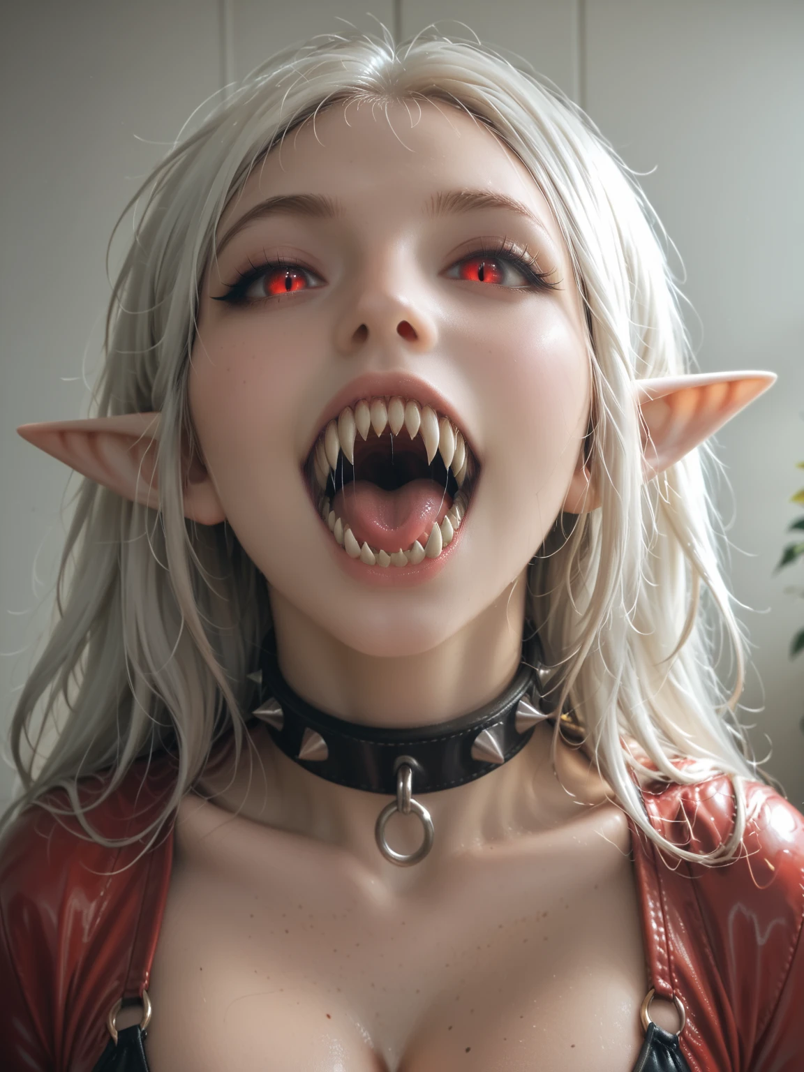 A photo of a woman with massive cleavage, (glowing red cat eyes:1.3), (long pointed ears:1.2), (large wide mouth:1.3), (shark teeth:1.5), (fangs:1.2), (neck collar:1.2), (dark tan skin:1.1), (white hair:1.1), wearing a black and red leather dominatrix outfit, sinister smile, detailed face, detailed eyes, detailed lips, detailed chest, highest quality, masterpiece, hyper-realistic, extremely detailed, intricate details, ultra high resolution, 8k, focus on face