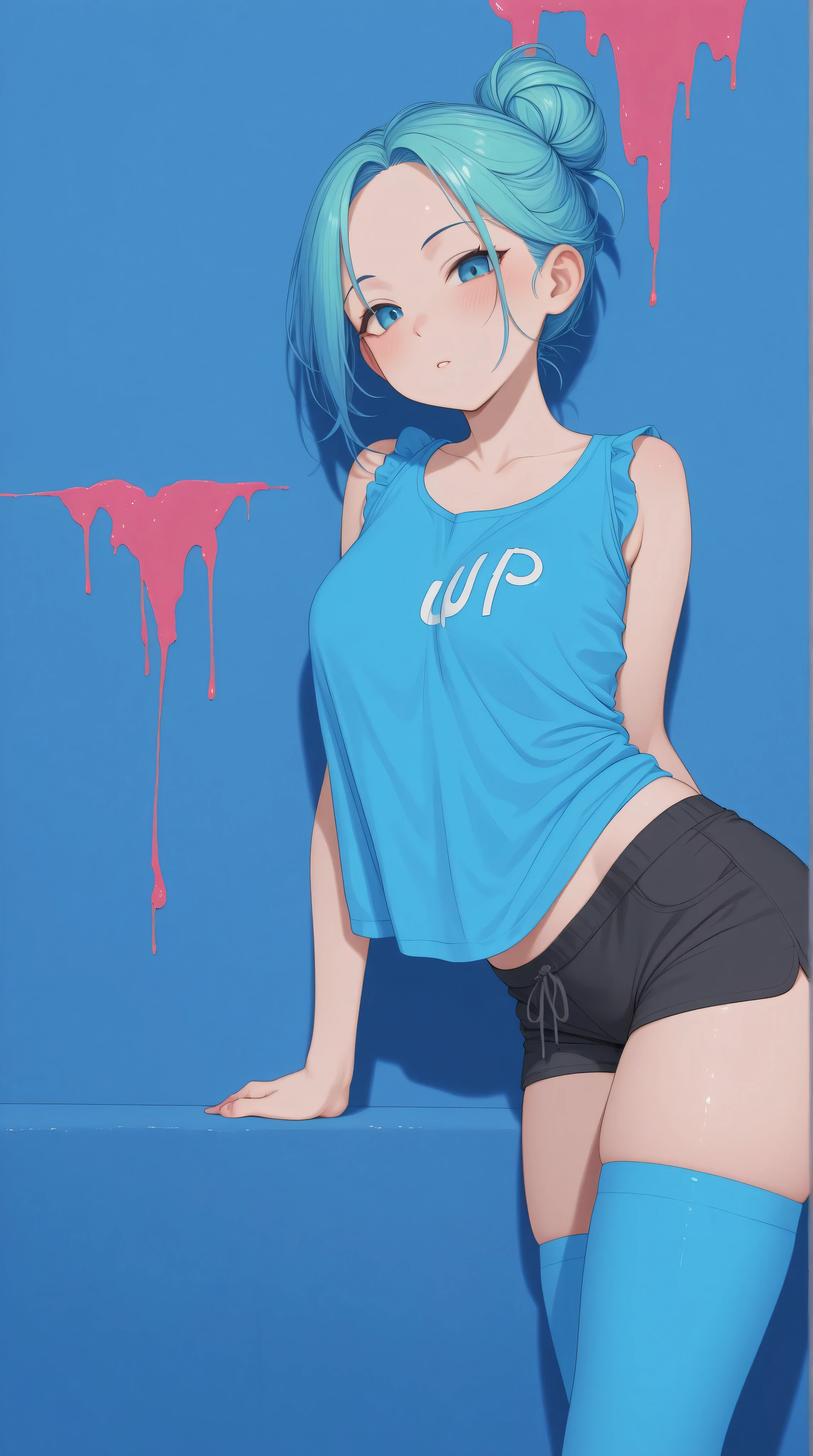 NSFW,masterpiece,Highest quality,High resolution,Super detailed,Star Town Suisei\(Hololive\),Blue Hair,One Side Ponytail,Blue Eyes,Small breasts,Track and field club,Descente Bra Top,Descente One Point Shorts,Streaks,School,locker room,bench,Embarrassed,blush,(In heat),sexual excitement,looks happy,Expecting face,Spread your legs,(Masturbation)