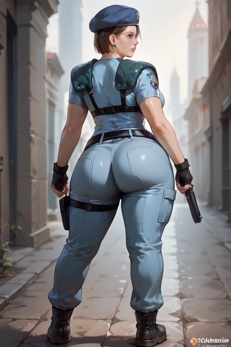 (Beautiful mercenary girl: 1.5), pretty girl, pretty face, sexy girl, young girl, 20 years old, pink hair, blue eyes, beautiful smile, long hair, straight hair, big breasts, very thin waist, wide hips, gap between thighs, (micro white panties), (thong), (butt: 1.2), military jacket, wearing a headset with kitten ears, belt with multiple pockets, combat belt, leg holster, tactical gloves, back view, from behind, looking from behind, (cowboy shot), best quality, masterpiece, ultra-realistic, ultra-detailed, 8k