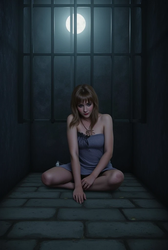 Best Quality, 4K, 8K, High Definition, Masterpiece: 1.2), Ultra Detailed, (Realistic, Photorealistic, Photorealistic: 1.37), A young beautiful woman sits on a cold stone floor in a dimly lit prison cell. Moonlight filters through the bars and most of what is allowed is 50% women and sex. Her eyes are full of despair, her face in the window shows signs of fatigue and sadness. The girl lost her leg, an amputee, the executioner cut off the girl's leg because she was recognized as a witch. Her gaze looks at the lost leg. The girl is in despair and thinks how she will live without a leg.. The girl is dressed in a torn tight dress. A stump of a leg sticks out from under the dress, a fresh scar along the stump of the thigh. In the foreground are iron bars, bars, casting long shadows on the floor. The woman's body is bent forward, her head resting on her knees, as if she has lost hope. The chamber is small and claustrophobic, with damp walls and a flickering light bulb hanging from the ceiling. The atmosphere is heavy, with a sense of isolation and despair. The colors in the image are muted, with cool tones of gray and blue dominating,,amputee