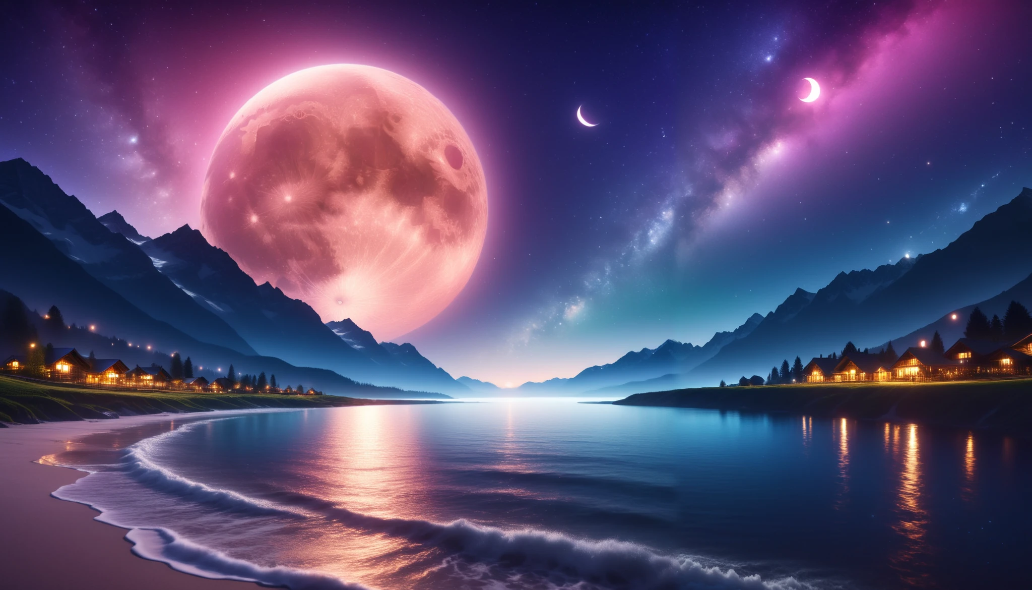  huge moon shining pink),giant pink moon , super high image quality, high definition , High Quality ,Detailed Scenery ,Night Sky,（Milky Way Galaxy）,The Alps,The giant moon and stars moving to the lake々, beautiful Artistic illustration , Ultramarine, green,  Purple , black, Majestic Atmosphere,An epic and mysterious moon,