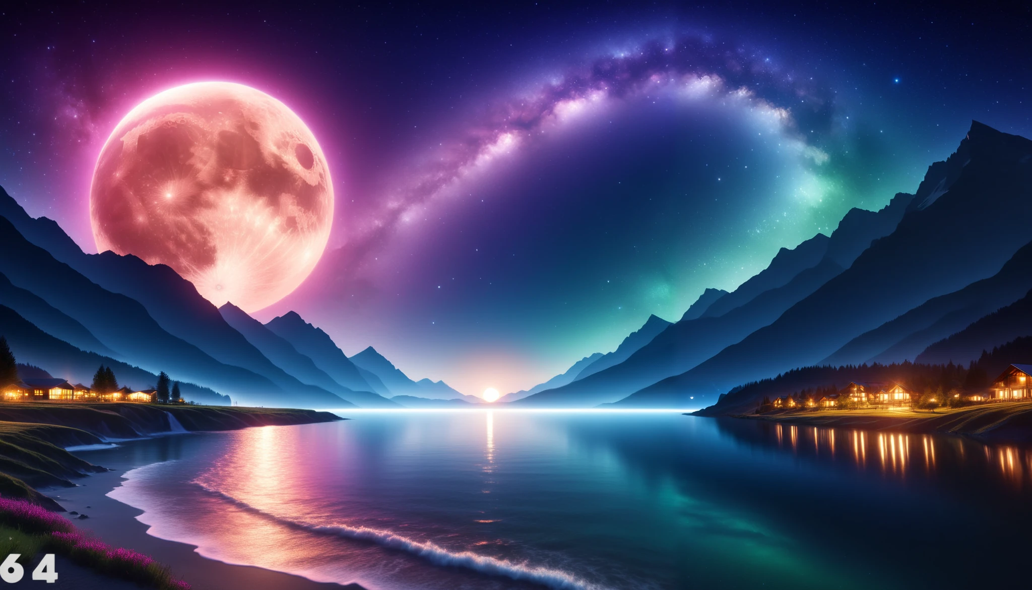  huge moon shining pink),giant pink moon , super high image quality, high definition , High Quality ,Detailed Scenery ,Night Sky,（Milky Way Galaxy）,The Alps,The giant moon and stars moving to the lake々, beautiful Artistic illustration , Ultramarine, green,  Purple , black, Majestic Atmosphere,An epic and mysterious moon,