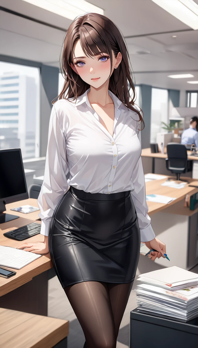 (Modern office indoors), 1 lady 30 years old ((standing alone)), (eyes browns), (medium black hair), bangss, (green office casual pencil skirt), (lingerie), (white  shirt), (id card), blush gentle smile, (masterpiece best quality:1.2), Delicate Illustrations, high resolution, ultra detali, breasts big, (blackstockings), (sitting down)