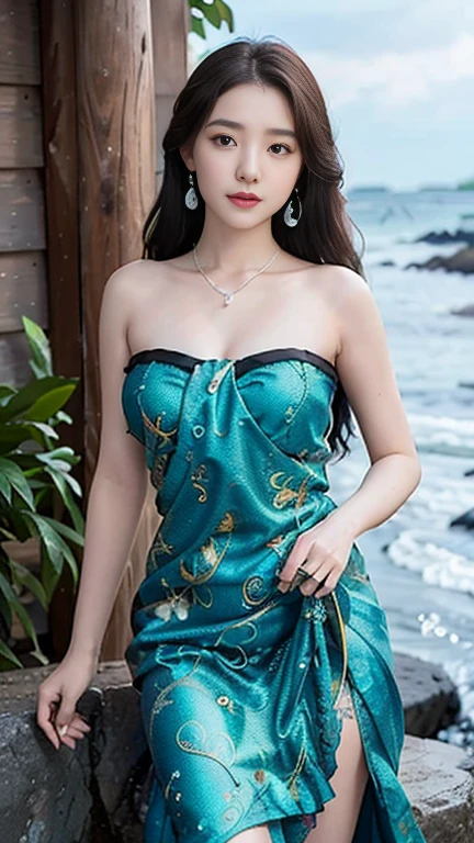 ((Highest quality, 8K, masterpiece: 1.3)), sharp: 1.2, Korean Artists. Lee Yoo Young. 39 years old. ((Lee Yoo Young)) .body. sexy. slim. thin. (Big Breasts:1.3) Makeup face. Red lipstick. ((Long brown layered hair. necklace)) ((Sarong Sarong Sarong Bikini)) stand. River flow over rocks