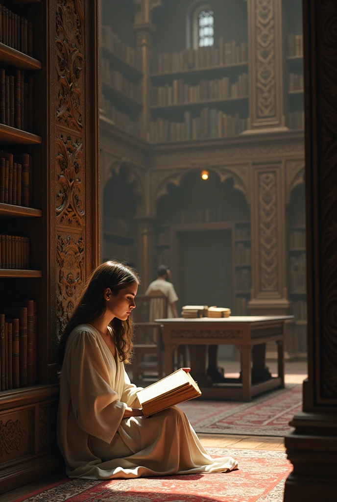 Ancient university library with a woman reading, on the floor - SeaArt AI