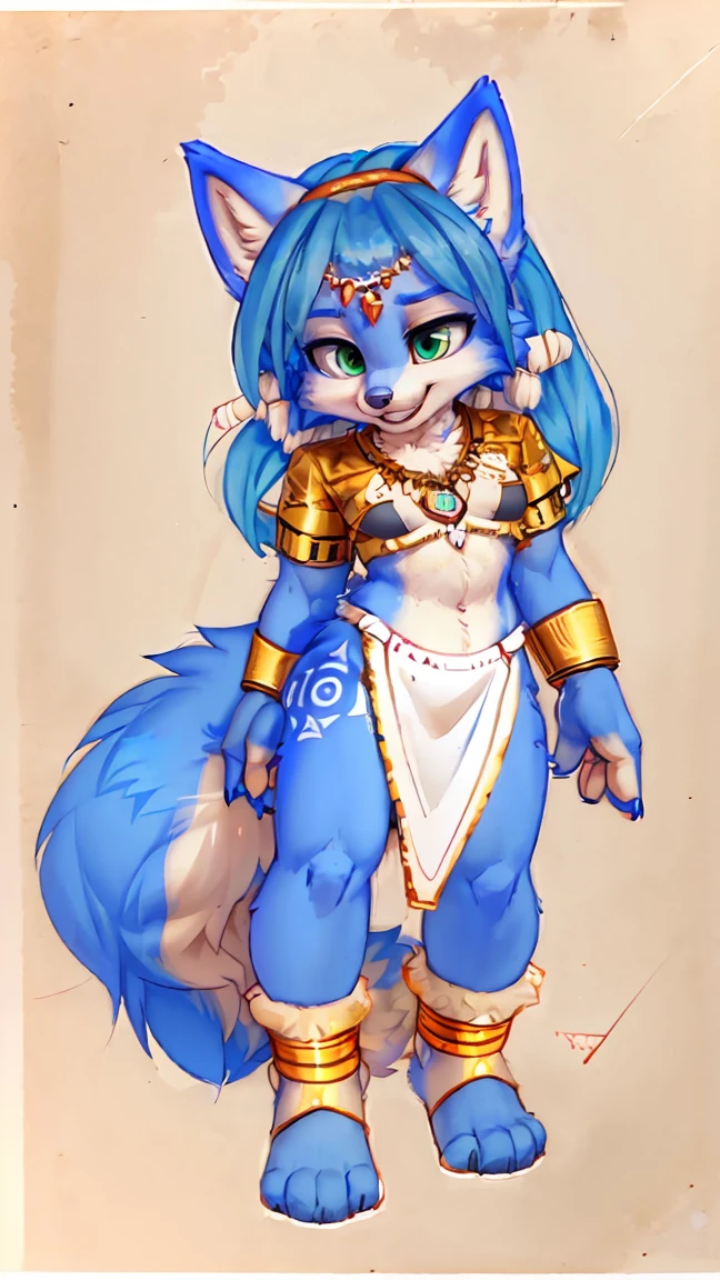 A beautiful and detailed (cute picture) wa ((krystal)), Star Fox-Kristall, sslim, lovable, green eyes,   medium breasts  , ((( Long blue hair 1 .3))),  (( tips for black hair)), Decollete, Grin, Look up,, anthro, Fuzzy, Uploaded E621, detailed Fluffy fur, (wa Fluff-Kevlar, Bayard Wu, personalize me, Pino Daeni),  detailed face , (Fluffy),  1 girl, Alone,  tribal clothing,  cute girl , Alone, ( from head to toe.1.3) Front view

