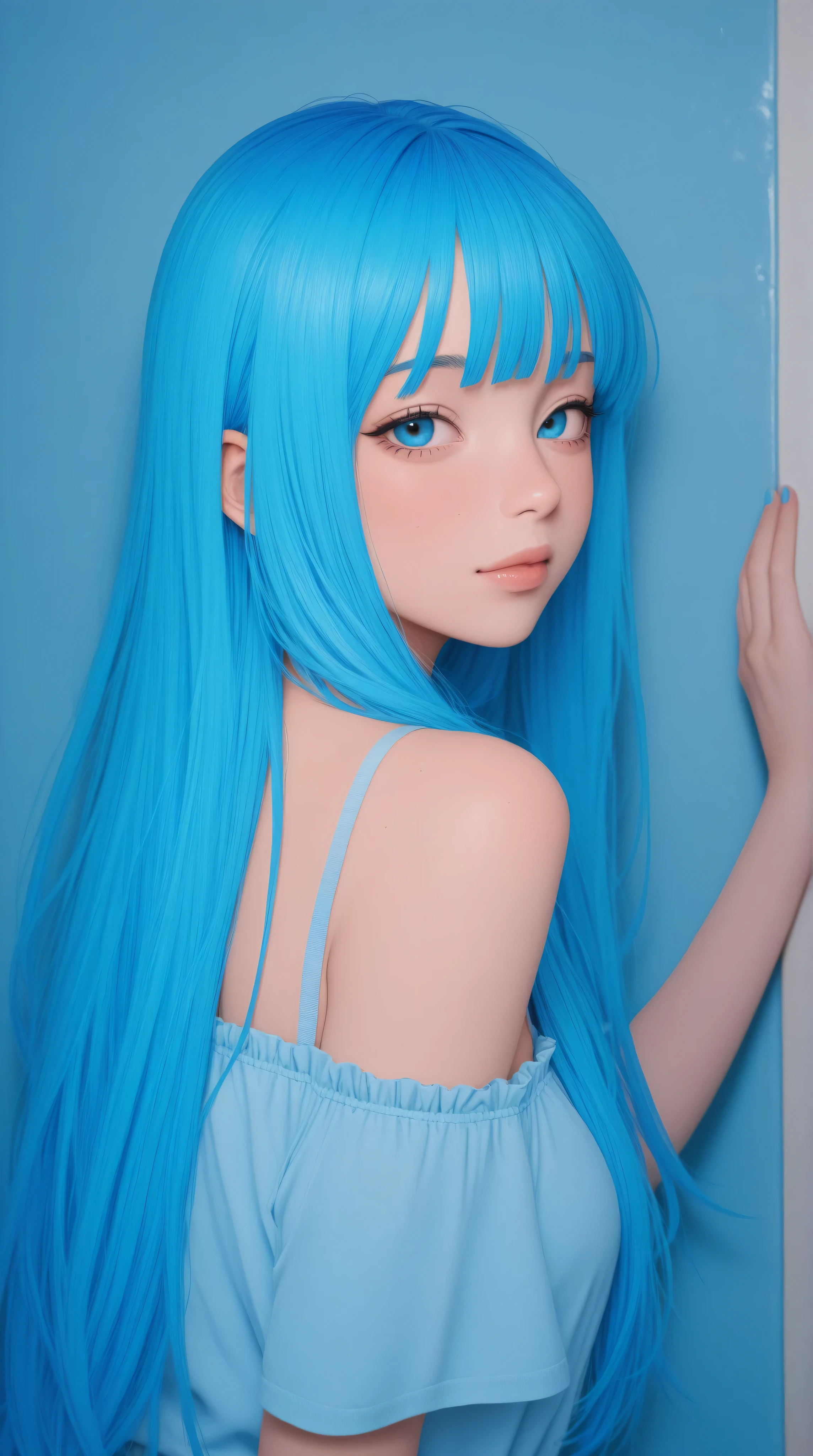 A close up of a woman with blue hair and a blue dress - SeaArt AI