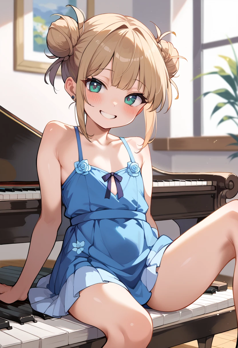 (( top quality)), ((masterpiece)), (be familiar with), perfect face, indoor, bedroom,  Watching Viewers ,
One woman, I was,
開いた口,  ecstatic expression beside the piano, blush, smile,
 small tits,  flat chest, Young girl, Lori,  s,  girl,
 long hair,  twin bun hair ,
Leg spread,