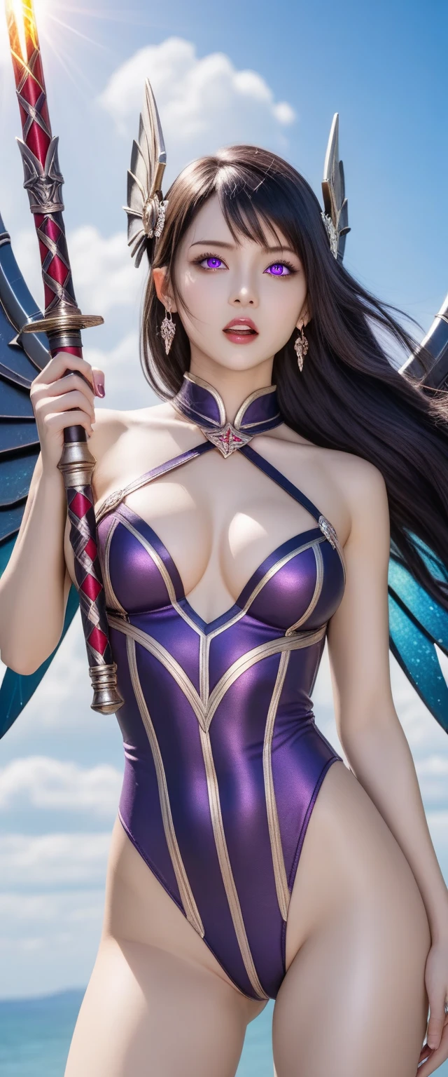 Beautiful Devil Girl,(best qualtiy,8K,tmasterpiece:1.3),Goose egg face,largeeyes,long eyelasher,With bangs,Cool Handsome,domineering,Exquisite(Live-action realistic style),Star-like eyes,The Ultimate Face,Photorealistic light and shadow,Clear facial features,milky skin,Fair skin, highdetailskin, Realistic skin details, Visible Pore,(Super Detail),petite body,Carmelto, full body Esbian,She wears long, Loose black hair that reaches to the waist,(Flowing hair), SMOOTHNESS,gigantic wing,crystal wings,(Super Detail),Dressed in simple armor,((dynamicposes)Suspended in the air),((The Purple Temple,Binary orbital flight,spaces,the sea of star)),((dynamic background((purple lightning)) ,Dramatic scenes