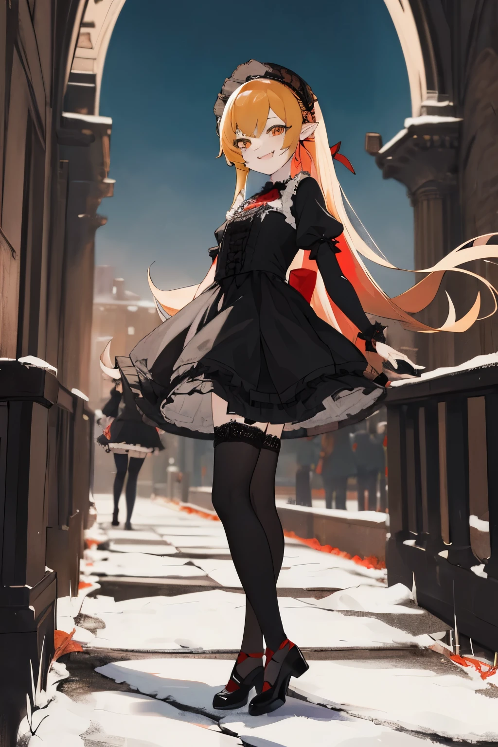 masterpiece, best quality, highres, aashinobu, aged down, long hair, pointy ears, (gothic lolita), (black and red gothic lolita), (black thighhighs), (lace stockings), black pumps, standing, full body, smile, fang, outdoors, city