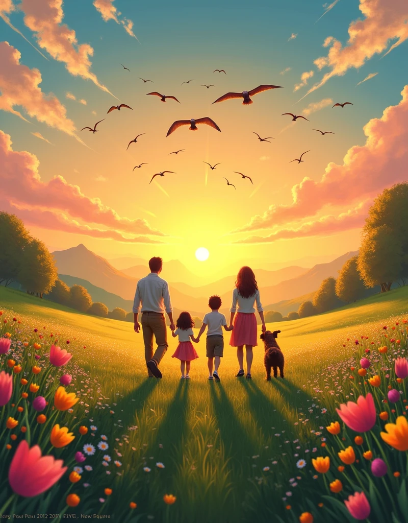 A panoramic landscape at sunrise with warm, vibrant colors symbolizing a new beginning. On the horizon, a radiant sun emerges, painting the sky with shades of gold, pink and orange. Beneath the sky, a green meadow filled with brightly colored flowers such as tulips, daisies and sunflowers stretches toward a meandering path leading toward the horizon. In the center, a symbolic figure of a united family (parents, ren, and a small dog) walking toward the sun, with expressions of joy and hope on their faces. In the sky, flocks of migratory birds fly in formation, representing freedom and renewal.