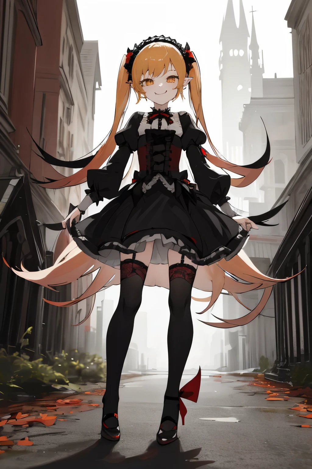 masterpiece, best quality, highres, aashinobu, aged down, long hair, pointy ears, (gothic lolita), (black and red gothic lolita), (black thighhighs), (lace stockings), black pumps, standing, full body, smile, fang, outdoors, city