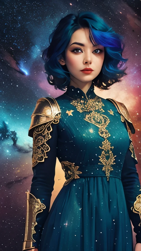 women with rainbow colored hair and detailed teal dress armor, standing, rainbow colored cosmic nebula background, stars, galaxies, intricate details, perfect face