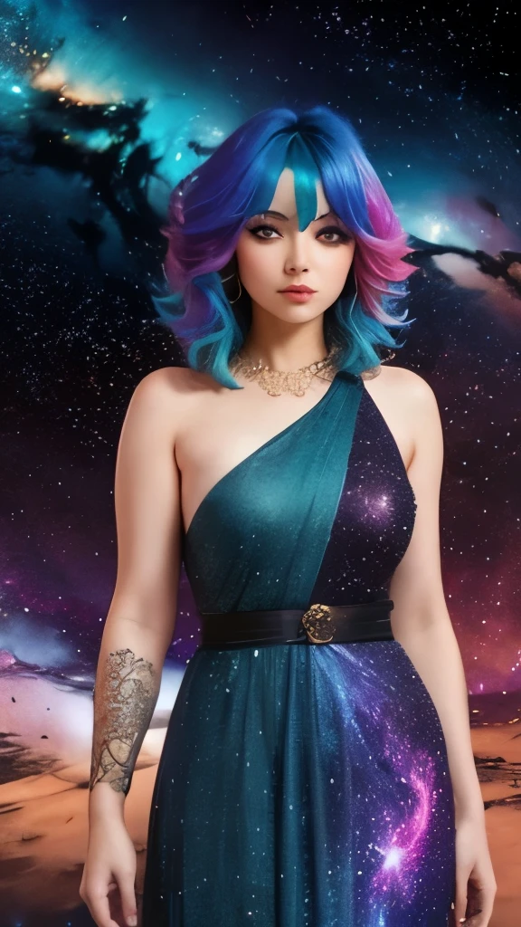 women with rainbow colored hair and detailed teal dress armor, standing, rainbow colored cosmic nebula background, stars, galaxies, intricate details, perfect face