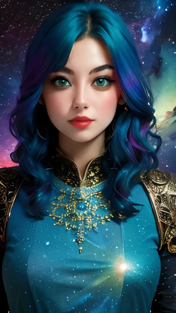 women with rainbow colored hair and detailed teal dress armor, standing, rainbow colored cosmic nebula background, stars, galaxies, intricate details, perfect face