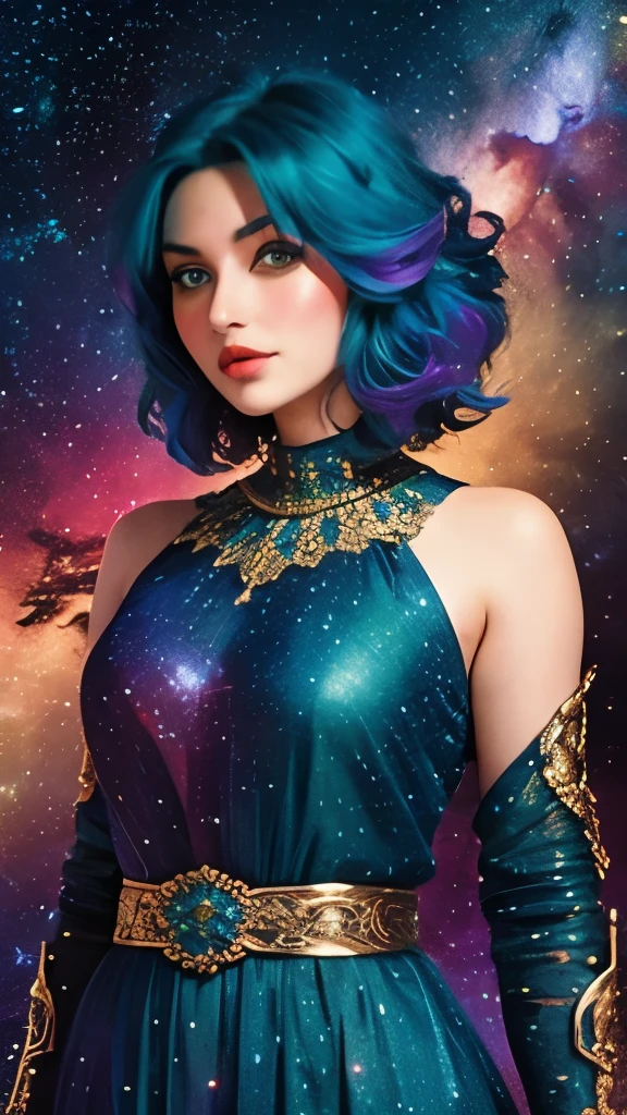 women with rainbow colored hair and detailed teal dress armor, standing, rainbow colored cosmic nebula background, stars, galaxies, intricate details, perfect face