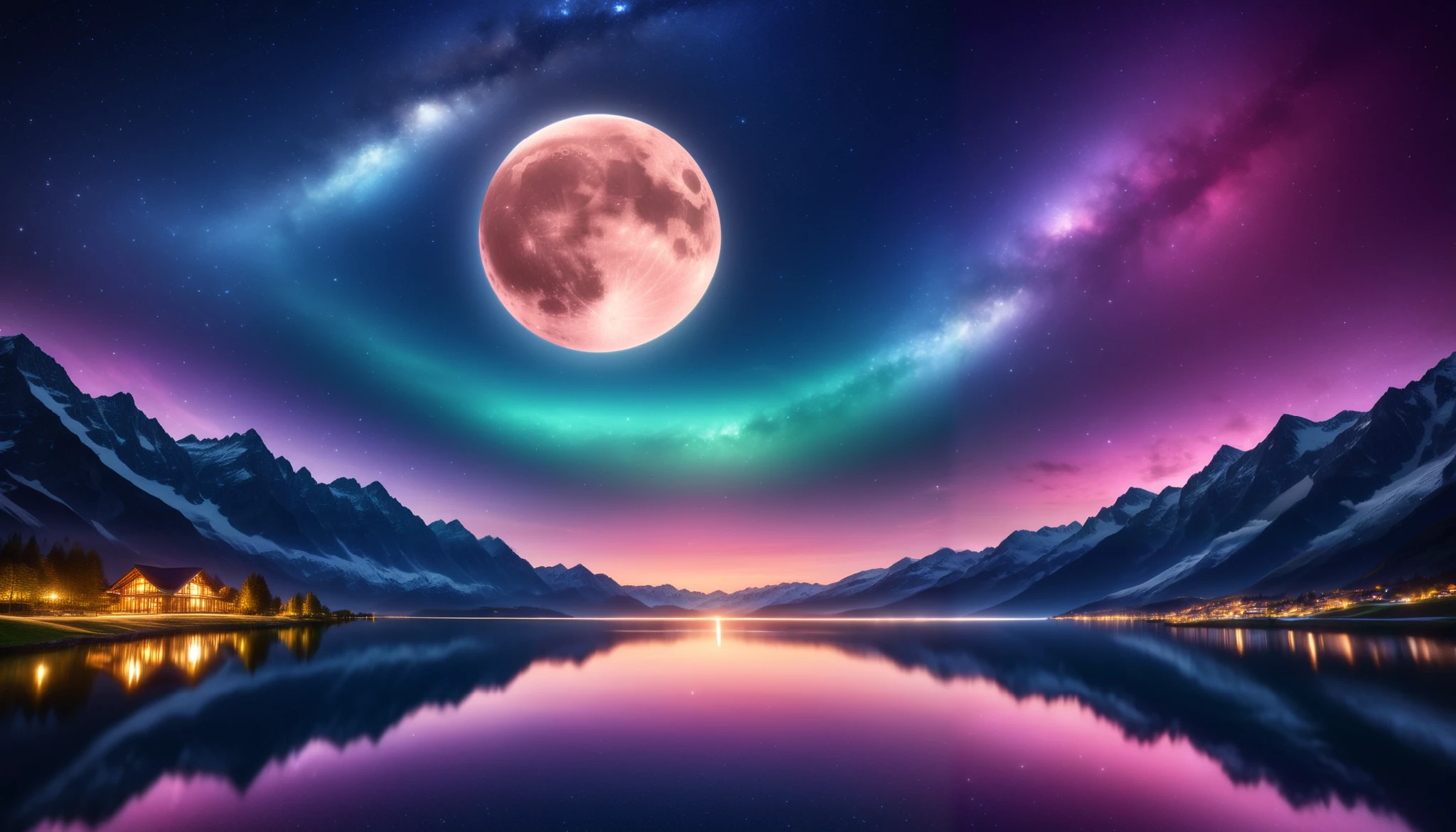  huge moon shining pink),giant pink moon , super high image quality, high definition , High Quality ,Detailed Scenery ,Night Sky,（Milky Way Galaxy）,The Alps,The giant moon and stars moving to the lake々, beautiful Artistic illustration , Ultramarine, green,  Purple , black, Majestic Atmosphere,An epic and mysterious moon,