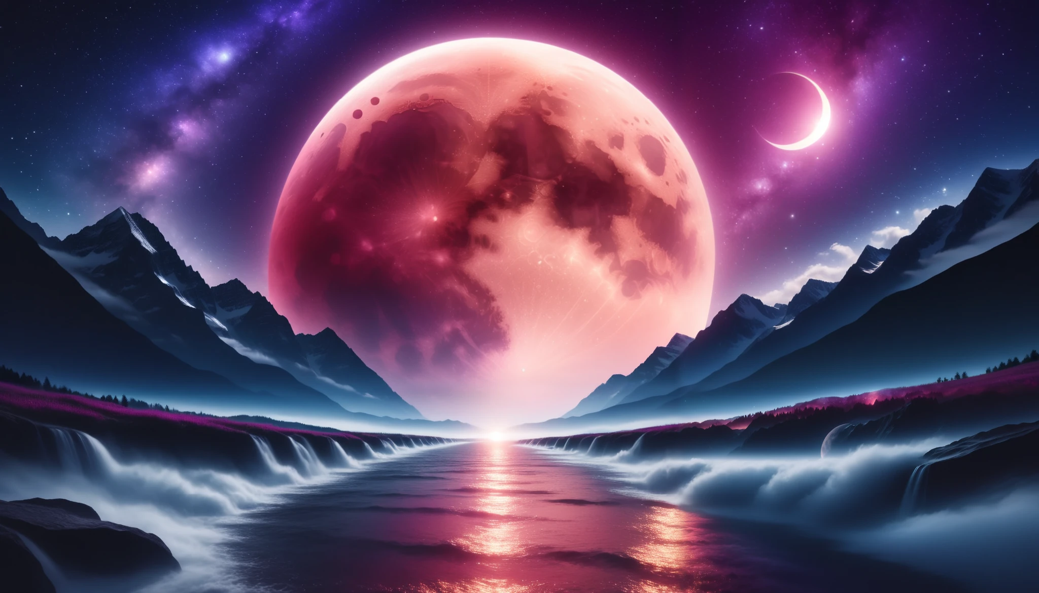  huge moon shining pink),giant pink moon , super high image quality, high definition , High Quality ,Detailed Scenery ,Night Sky,（Milky Way Galaxy）,The Alps,The giant moon and stars moving to the lake々, beautiful Artistic illustration , Ultramarine, green,  Purple , black, Majestic Atmosphere,An epic and mysterious moon,