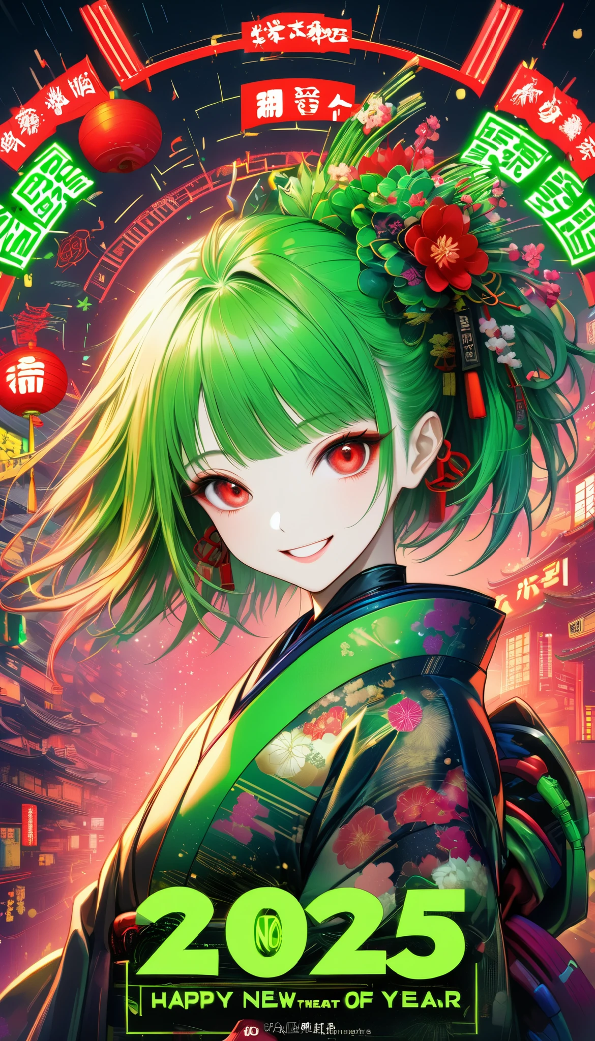 A new style like no other ,  digital design poster using brilliance ,  expresses the glamor of the new year in detail ,  Let's make a poster full of smiles that combines cyberpunk and traditional Japanese beauty, Produce clear red eyes beautifully, (Insert sentence “2025 HappyNew Year”), green neon font, 