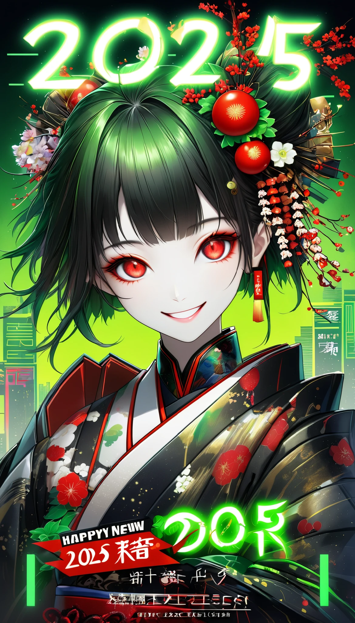 A new style like no other ,  digital design poster using brilliance ,  expresses the glamor of the new year in detail ,  Let's make a poster full of smiles that combines cyberpunk and traditional Japanese beauty, Produce clear red eyes beautifully, (Insert sentence “2025 HappyNew Year”), green neon font, 