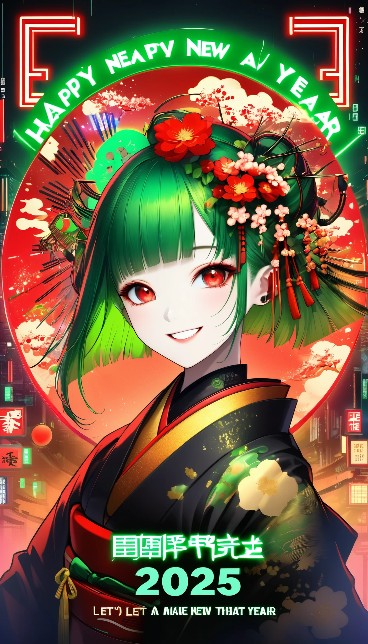 A new style like no other ,  digital design poster using brilliance ,  expresses the glamor of the new year in detail ,  Let's make a poster full of smiles that combines cyberpunk and traditional Japanese beauty, Produce clear red eyes beautifully, (Insert sentence “2025 HappyNew Year”), green neon font, 