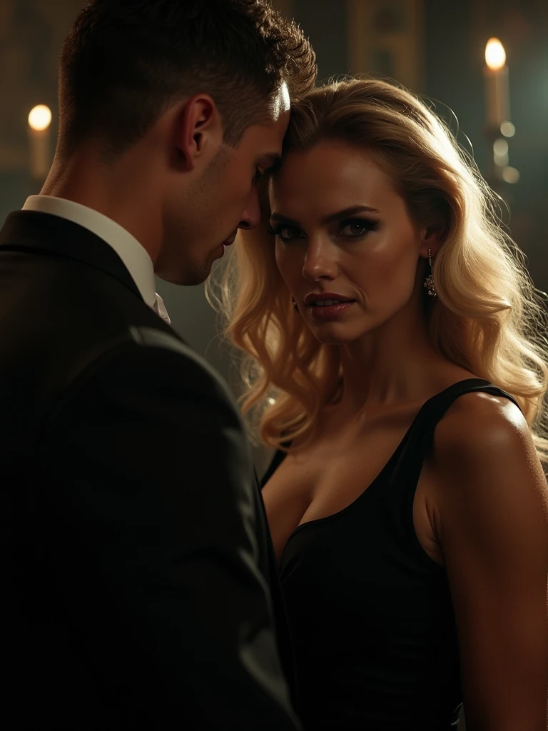 a girl next to a rich and elegant guy with a stern face, with a suspenseful background and two guys running after them
