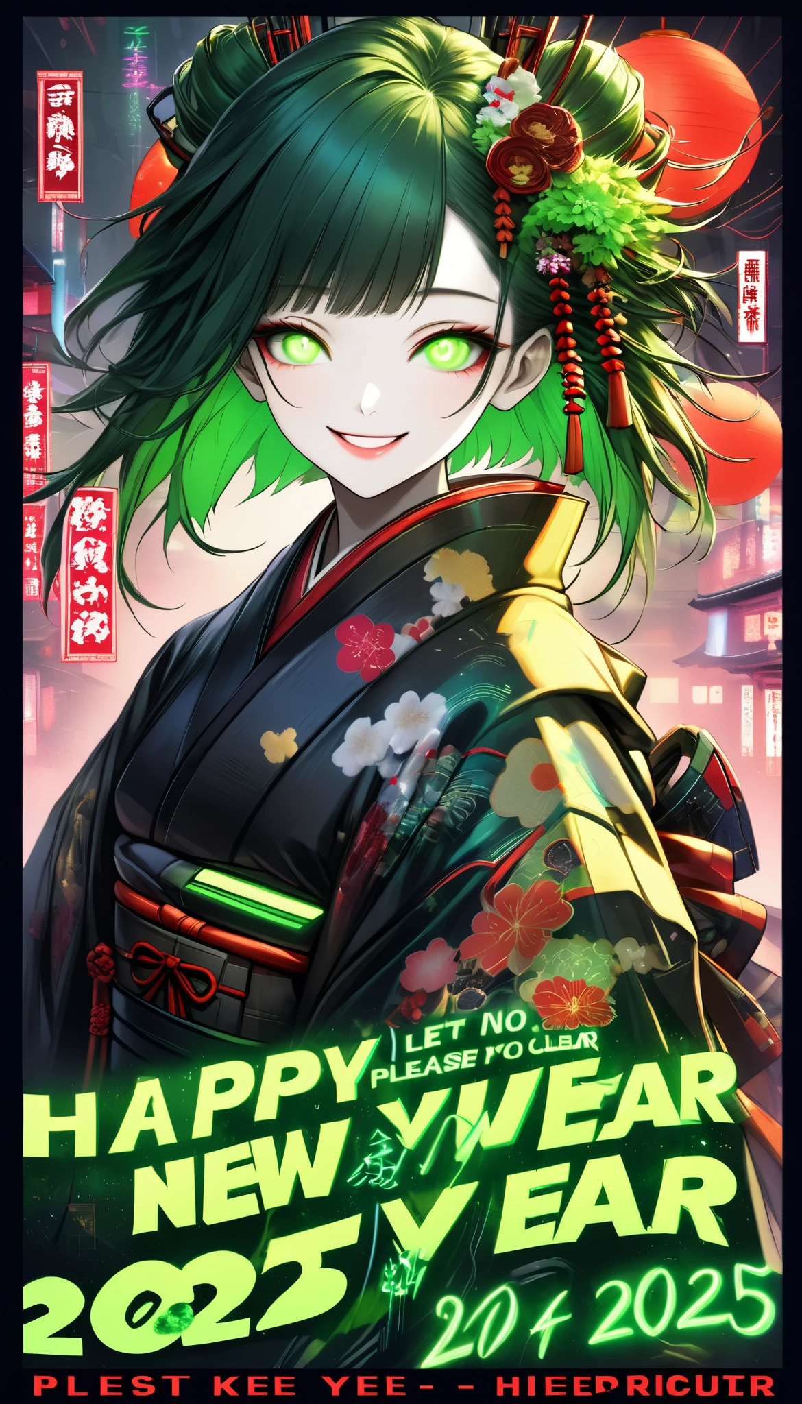 A new style like no other ,  digital design poster using brilliance ,  expresses the glamor of the new year in detail ,  Let's make a poster full of smiles that combines cyberpunk and traditional Japanese beauty, (Insert sentence “2025 HappyNew Year”), green neon font, Please keep only your eyes clear red, 