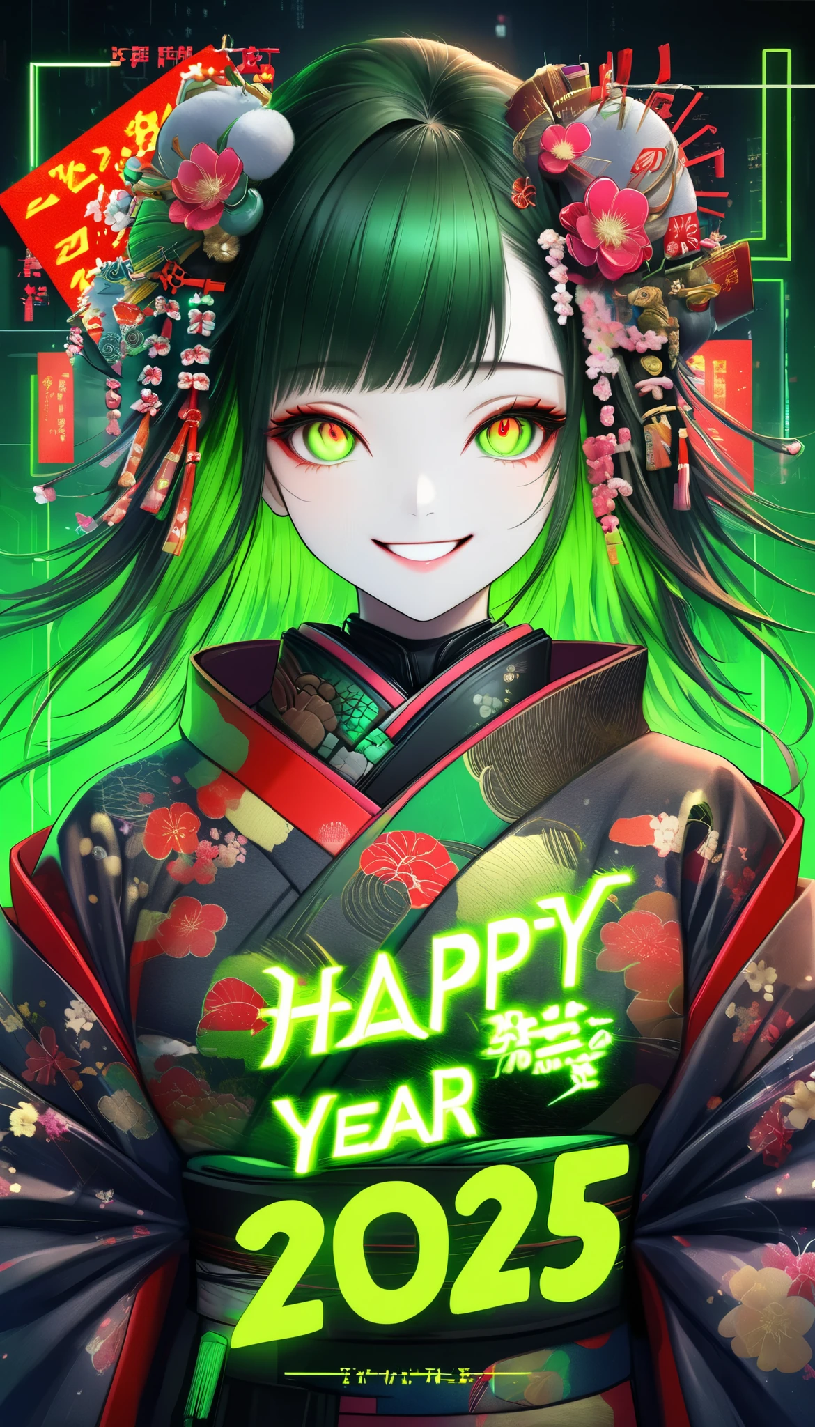 A new style like no other , digital design poster using brilliance , expresses the glamor of the new year in detail , Let's make a poster full of smiles that combines cyberpunk and traditional Japanese beauty, (Insert sentence “2025 HappyNew Year”), green neon font, Please keep only your eyes clear red,