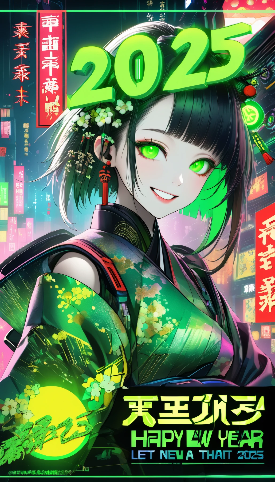 A new style like no other , digital design poster using brilliance , expresses the glamor of the new year in detail , Let's make a poster full of smiles that combines cyberpunk and traditional Japanese beauty, (Insert sentence “2025 HappyNew Year”), green neon font,