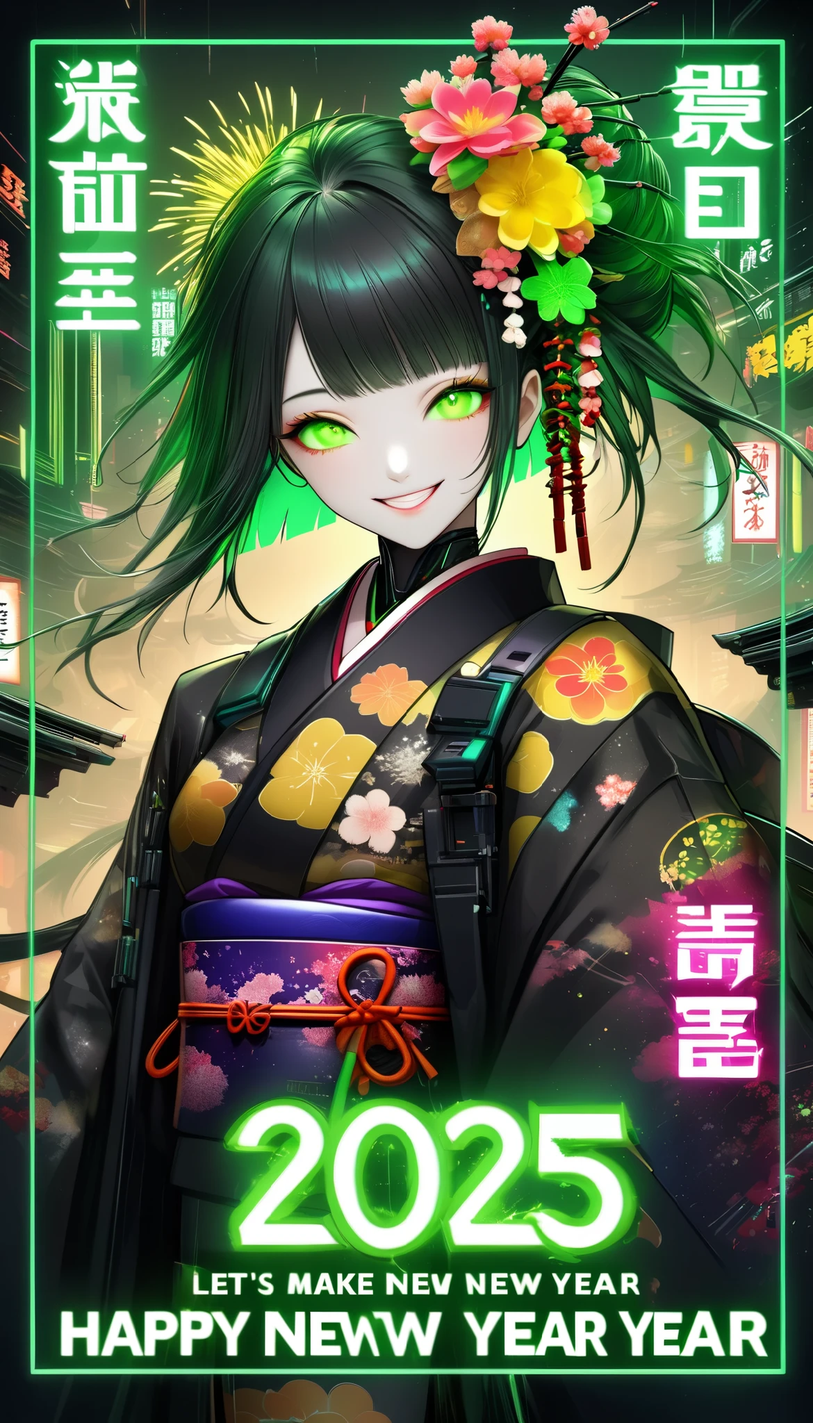 A new style like no other ,  digital design poster using brilliance ,  expresses the glamor of the new year in detail ,  Let's make a poster full of smiles that combines cyberpunk and traditional Japanese beauty, (Insert sentence “2025 HappyNew Year”), green neon font,