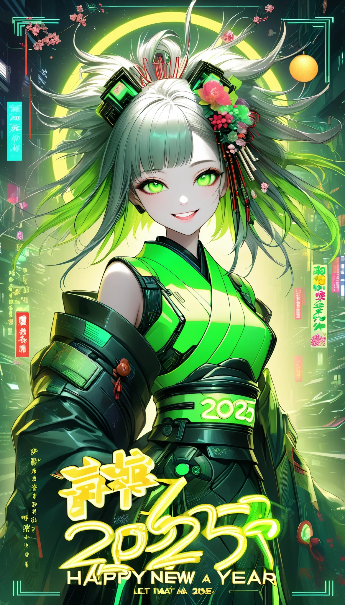 A new style like no other ,  digital design poster using brilliance ,  expresses the glamor of the new year in detail ,  Let's make a poster full of smiles that combines cyberpunk and traditional Japanese beauty, (Insert sentence “2025 HappyNew Year”), green neon font,