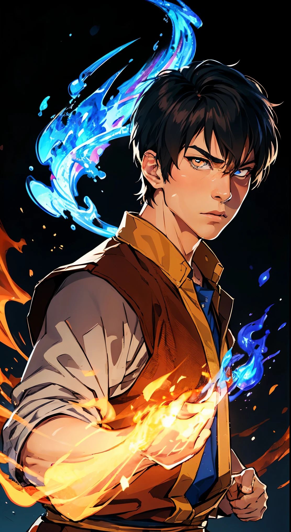 Ray tracing,{Best quality}, {{Masterpiece}}, {A high resolution}, Original, Extremely detailed 8k wallpaper, realistic hand, one man, good body proportions, Extremely detailed face, Extremely detailed hands, Extremely detailed eyes, glowing eyes, Extremely detailed background, high quality background, Zuko, (((blue fire magic))), (((blue fire))), male, fighting stance