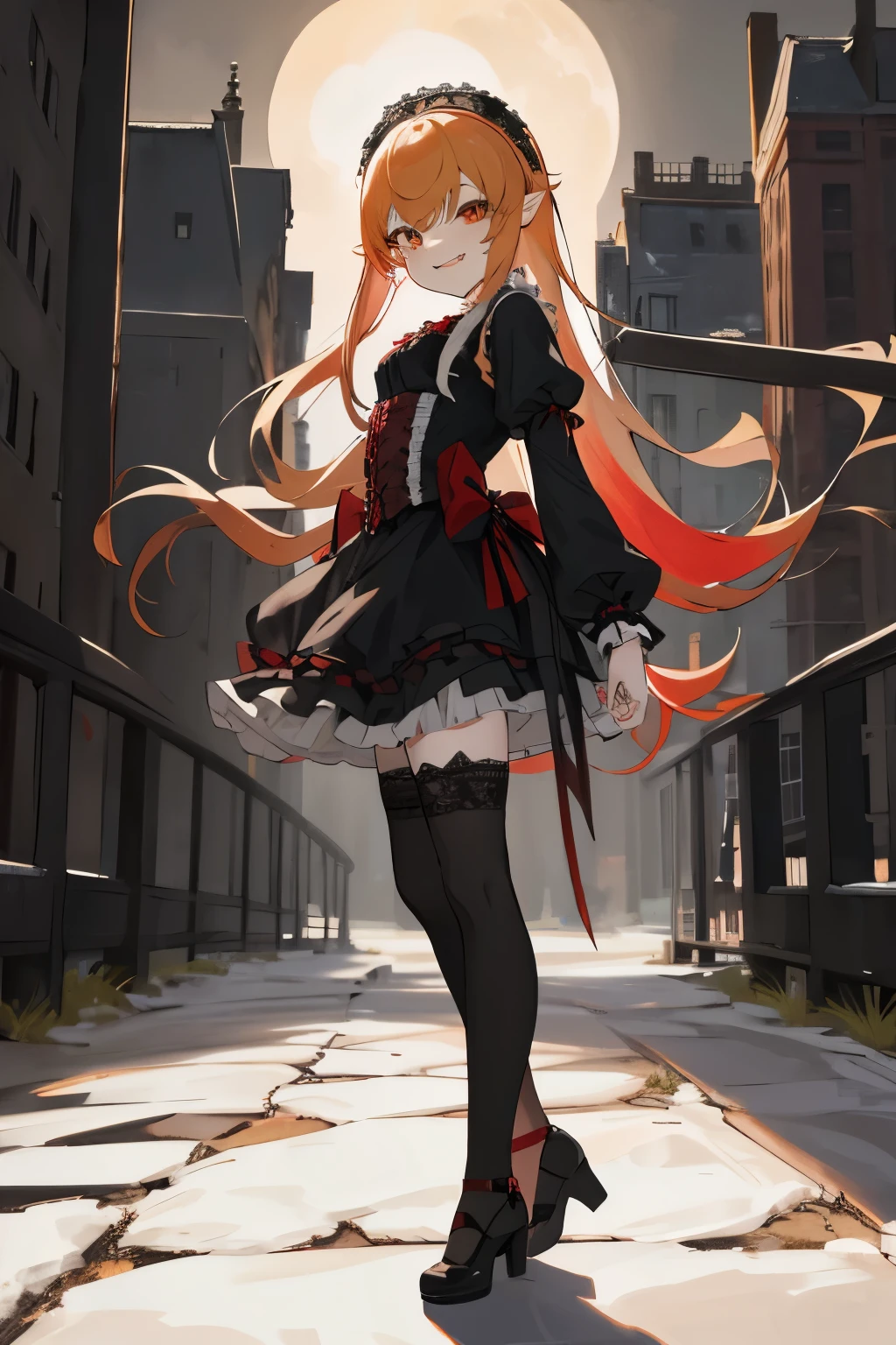 masterpiece, best quality, highres, aashinobu, aged down, long hair, pointy ears, (gothic lolita), (black and red gothic lolita), (black thighhighs), (lace stockings), black pumps, standing, full body, smile, fang, outdoors, city