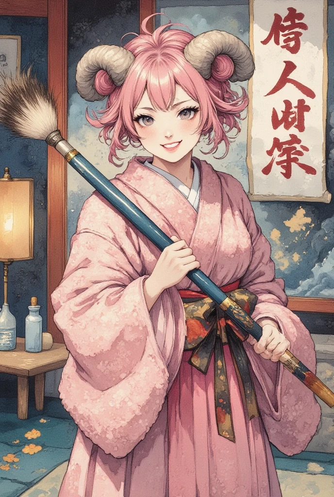 masterpiece:1.3,  highres icon:1.3, (Brush painting, Alone:1.2), One Girl \She has fluffy pink hair tied up:1.5\Round sheep horns:1.2\Thick eyebrows:1.1\Brave expression, smug face:1.5,  pink furry sleeve \long-sleeved kimono:1.5, Waving a human-sized brush :1.4, "Fifty thousand thanks " written on paper on the hanging scroll BREAK Japanese style room:1.3,  vivid brush illustration