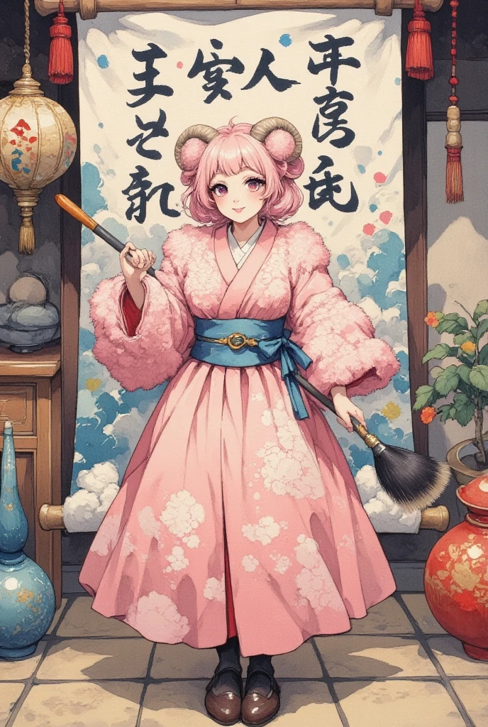 masterpiece:1.3,  highres icon:1.3, (Brush painting, Alone:1.2), One Girl \She has fluffy pink hair tied up:1.5\Round sheep horns:1.2\Thick eyebrows:1.1\Brave expression, smug face:1.5,  pink furry sleeve \long-sleeved kimono:1.5, Waving a human-sized brush :1.4, "Fifty thousand thanks " written on paper on the hanging scroll BREAK Japanese style room:1.3,  vivid brush illustration