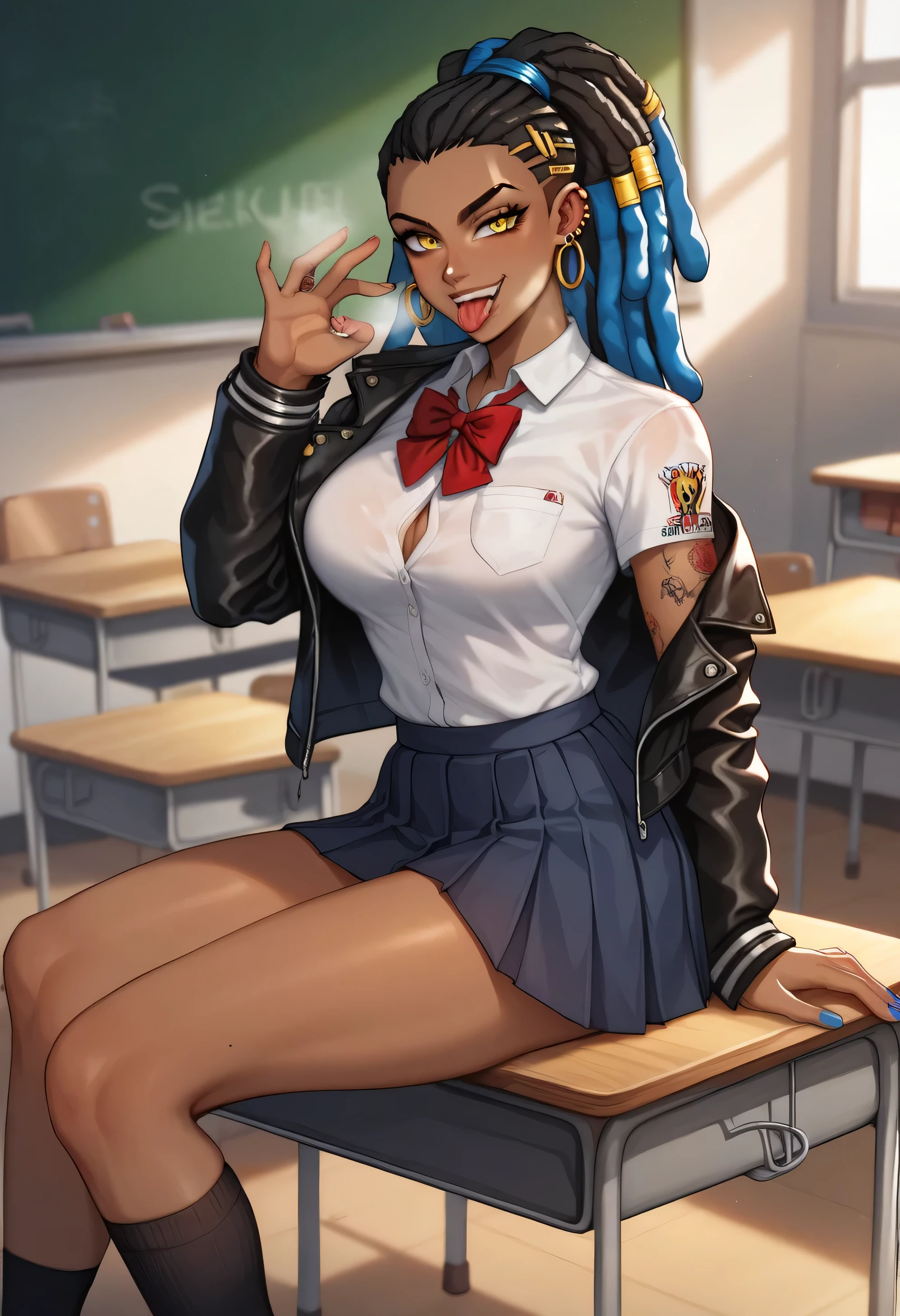A slutty school girl Smoking cigarettes rapidly while titty fucking a penis, pigtails, piercings, the cigarette ash is growing very long, looking at me, pain, agony, sucking very hard on cigarette