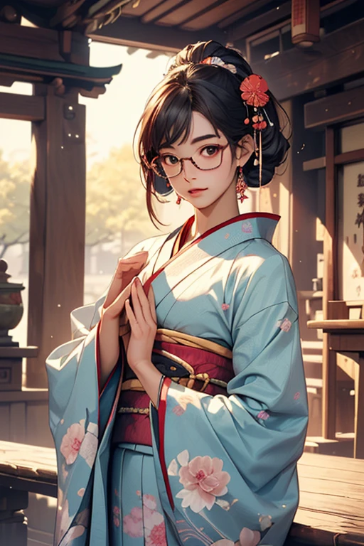 (( top quality)), ((傑 top quality、masterpiece、High sensitivity、 high resolution、 detailed depiction 、 delicate face depiction ))Slender Woman、Glasses、 for the first time、Praying at the Shrine 、Long-sleeved kimono、