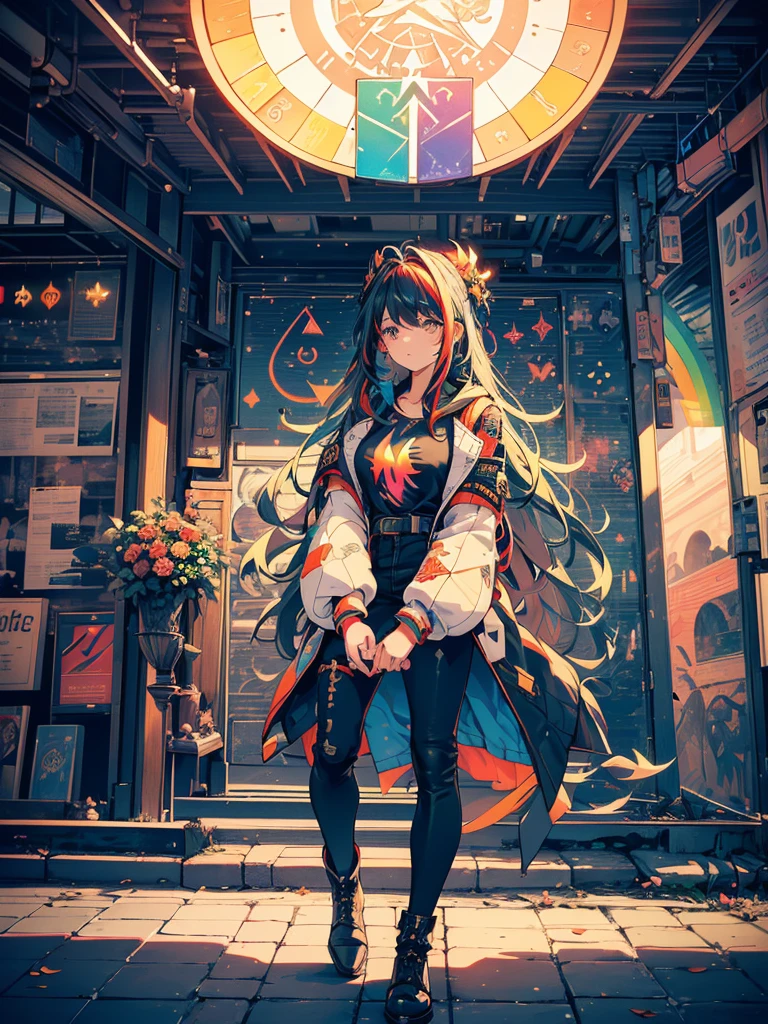  The girl wears tight pants , High boot with lace ,  The jacket with the hood on the back , ((( The girl is doing magic with her hands ,  runes and rays are fired from a laser jet))), Girl with a profile ,  The flowers swirling over the magical and funny scenery and many colors , { extremely detailed 16k CG unit wallpaper},  Expansive Landscape Photos , (Scenery looking up from below ), (Vast field views), ( photo low angle ), (high light: 1.2), (Low light: 1.4), (Warm Light Source : 1.2),  Complicated Details, (Seven colors of the rainbow : 1.5), ( bright lighting on the streets of New York), (air light),  dreamy,  single