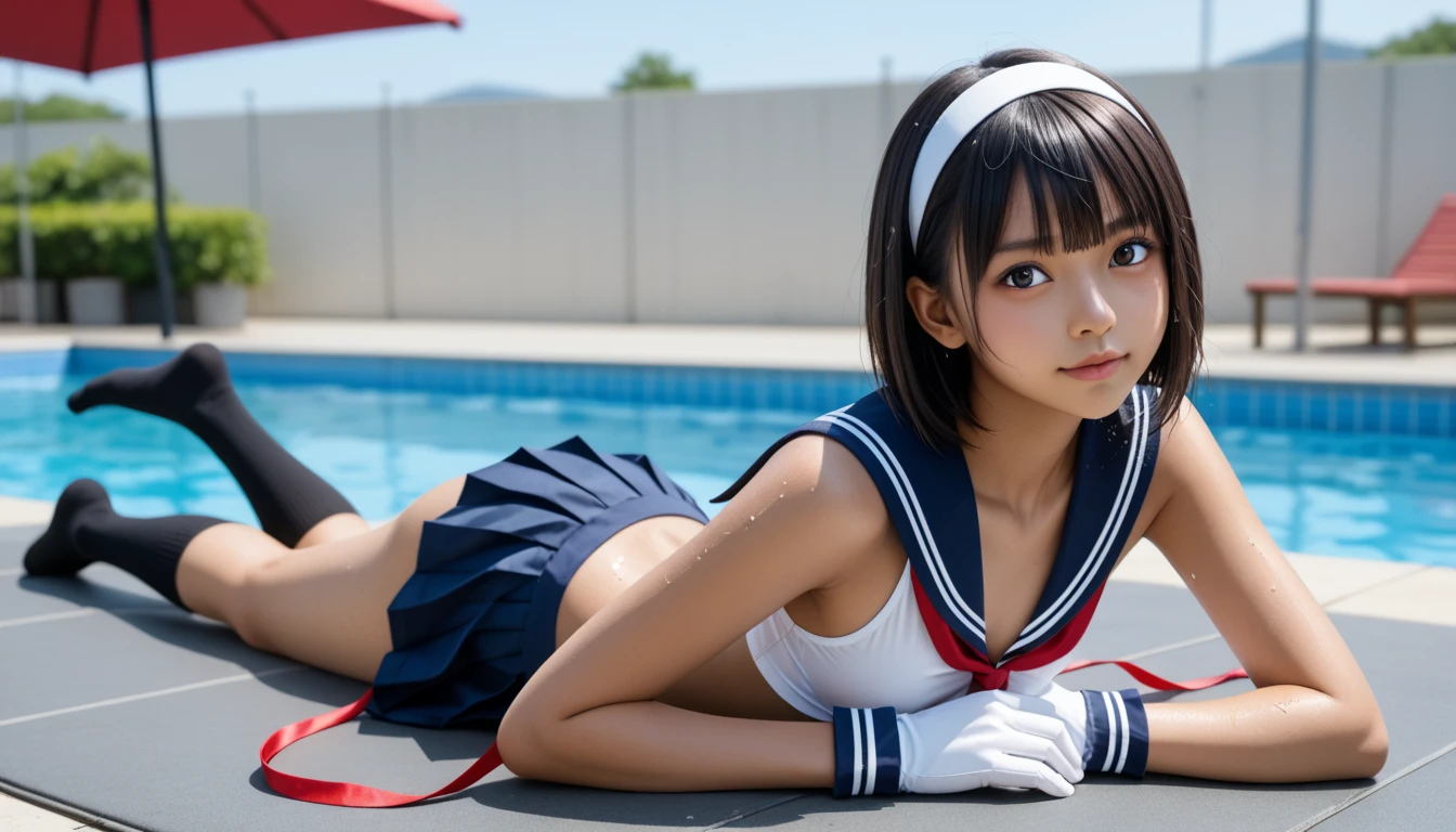  wet Japanese female middle school student 、masterpiece 、  top quality 、  ultra high definition、 realistic、 beautiful lighting arranged in an orderly manner、  RAW photos 、4K Ultra HD、  super detailed face、Clear Face、 smiles、Detailed eye、 beautiful eyes、1080P、 tan dark skin 、 beautifully manicured hair 、 black hair、 short bob cut , bangs、Strong sexual desire、 skinny young gravure idol 、 ((prone bone、Lay a mat))、(((Tight Small Breasts 、Separated Breasts 、 tight breasts)))、((Leg spread))、((( rear view、 back shot )))、Detailed eye detail，目 with beautiful details，  double eyelid ，  has long eyelashes、 Red Headband 、 white gloves 、compression shorts under skirts、((( small chest with tension、Separated Breasts 、 tight breasts)))、(( blue sky、Outdoor Pool、 blur background)),(((Wet Japanese Female Middle School Student 、 Red ribbon、 navy sailor color 、sailor cuffs、 pleated skirt 、 black high socks)))、( perfect anatomy)、   thin beautiful thighs 、 oily skin、Five fingers、Two arms、2 Legs 