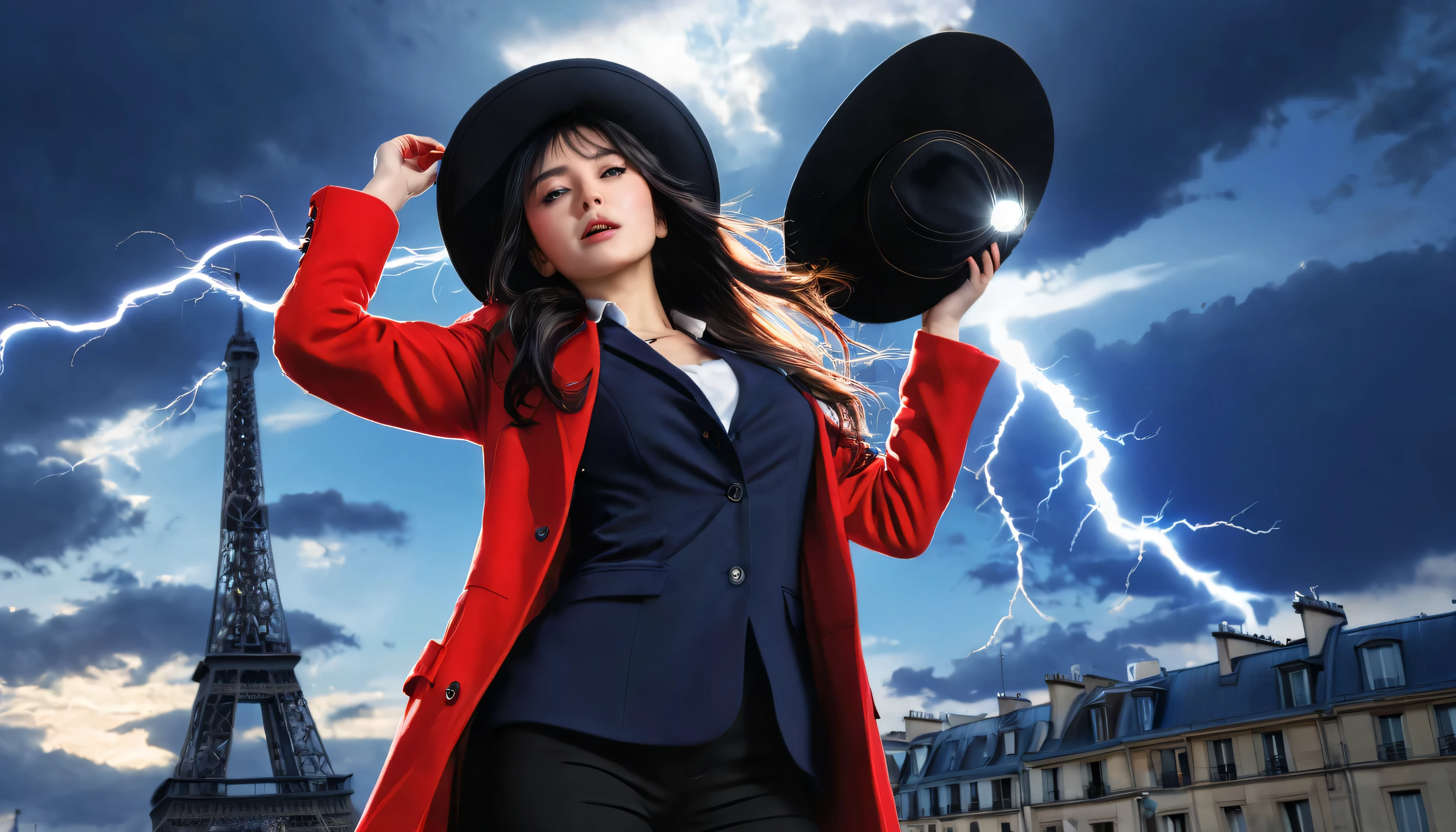 ( realistic:0.2), Anime Illustration , One Girl ,, Red coat, Big red hat, Paris, France, software, Black Pants , black office shirt ,, Carmen sanity,, blue sky,, long hair,, Dramatic Lightning, Light, epic Light, Light・オン・フェイス, バックLight, フェイスLight, Bright Face, Fill Lamp, Supplementary light, ((masterpiece)), (Carmen_sanity_v1-1_Schlick-2000:0.6)